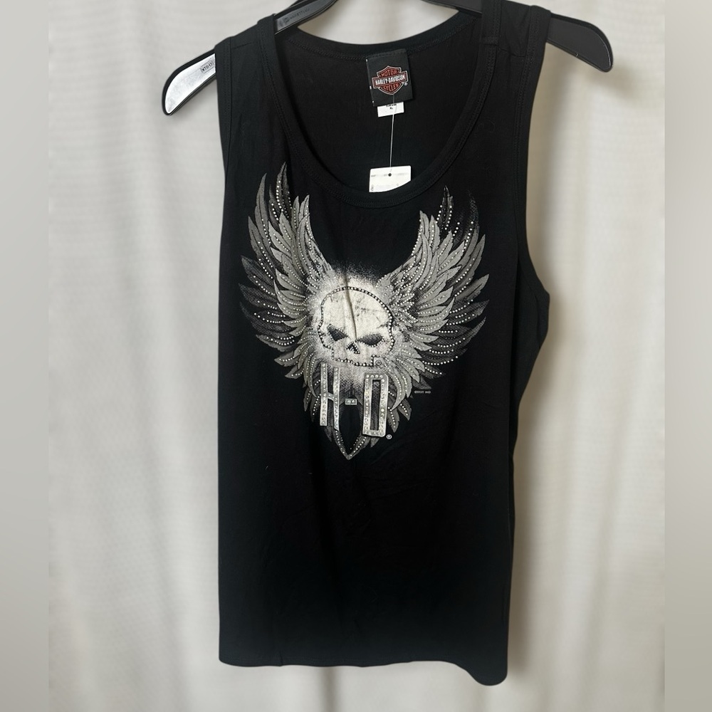 Harley-Davidson Black Skull Tank with Silver rhinestones